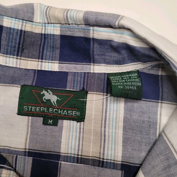 Vintage Steeplechase Blue Gray Plaid Short Sleeve Button Up Shirt Size M - Picture 6 of 7